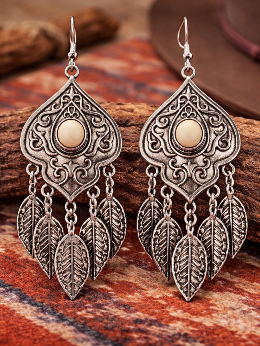 Paparazzi Silver Chandelier Earrings White Stone Leaf Dangles 2”